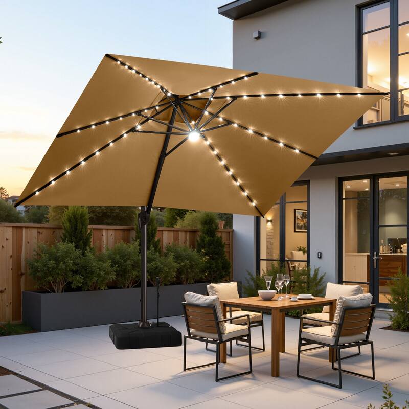 10 FT x 13 FT Outdoor Patio Aluminum Solar LED Lighted Cantilever Umbrella with Base Stand