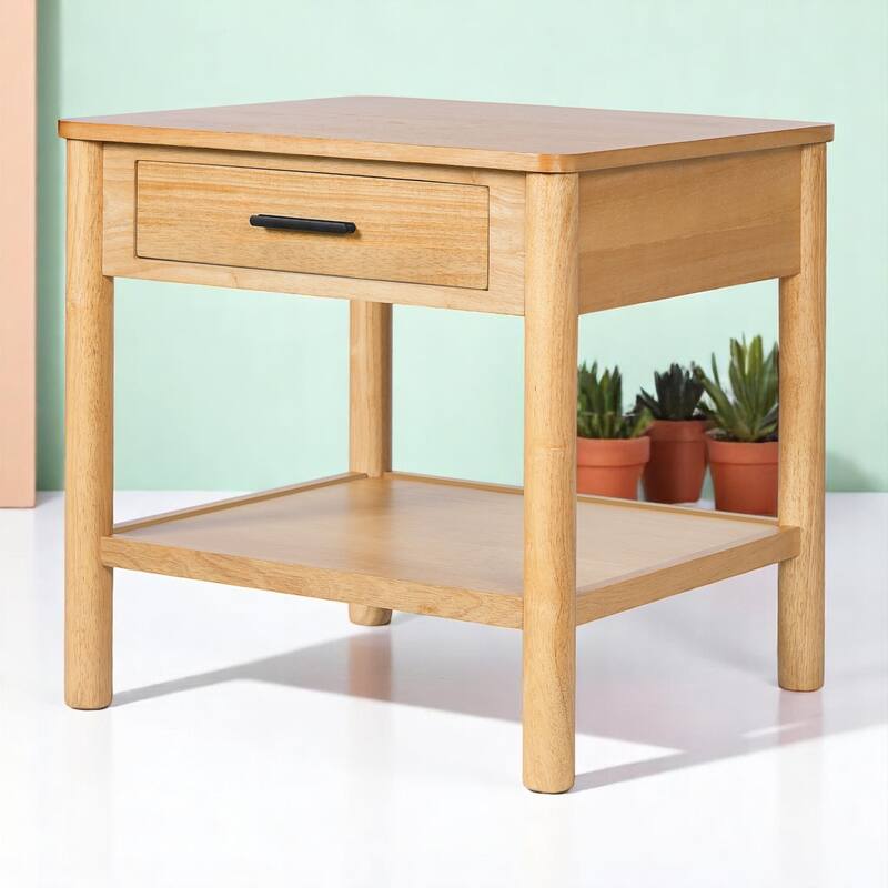 24" Rubber Side Table with Drawer and Shelf,End Table with Geometric Base,Accent Table nightstand for Living Room or Bedroom