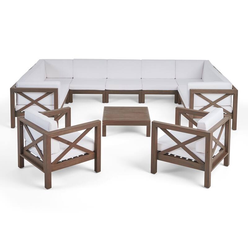 Brava Outdoor 11 Seater Acacia Wood Sectional Sofa and Club Chair Set by Christopher Knight Home - White
