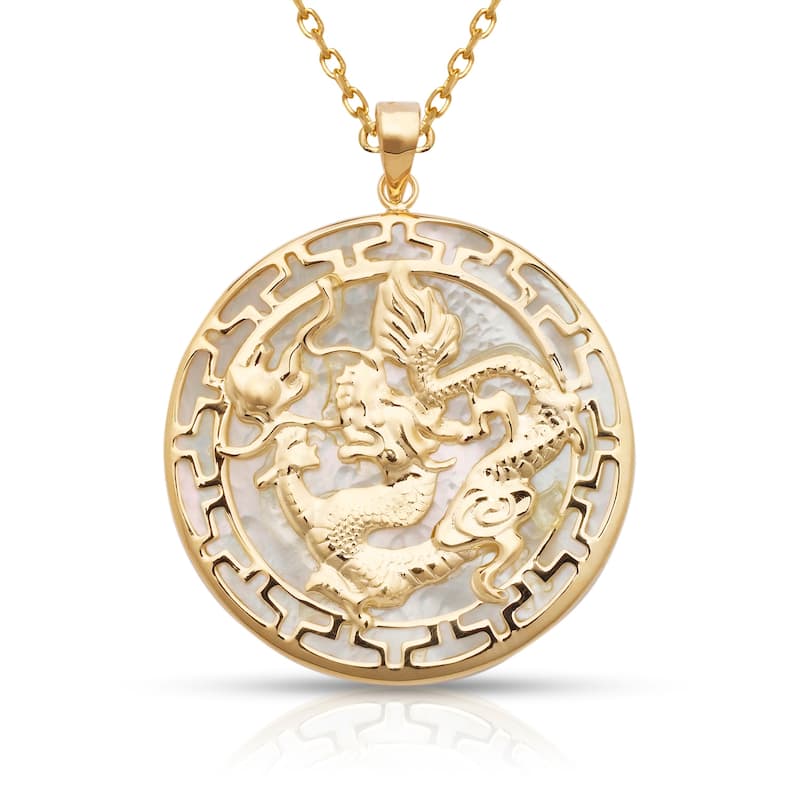 Curata 14k Yellow Gold 18-inch Jade Large Dragon Circle Pendant Necklace (26mm x 32mm) - White Mother of Pearl - Yellow