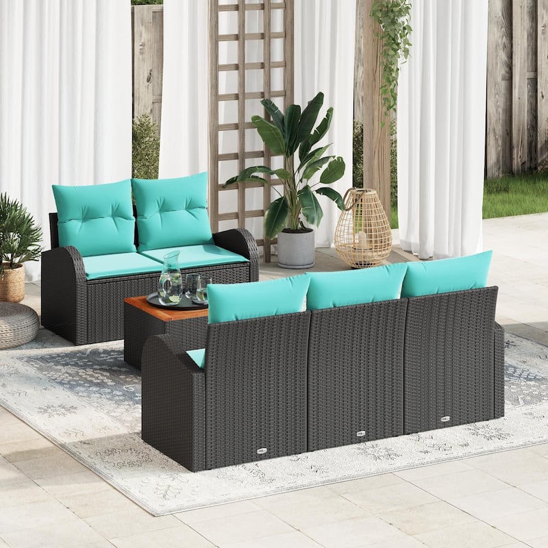 vidaXL 6 Garden Sofa Set with Cushions Black/Grey Poly Rattan - 70.5 x 24.4 x 27.2 - Black