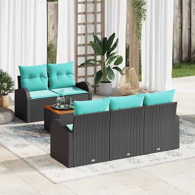 vidaXL 6 Garden Sofa Set with Cushions Black Poly Rattan - 70.5 x 24.4 x 27.2