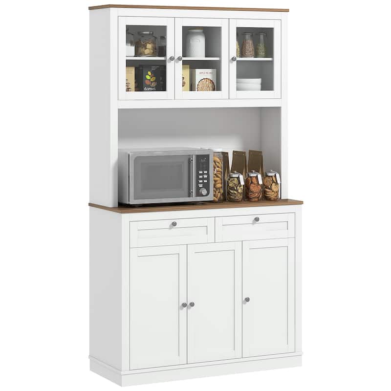Tall Kitchen Pantry Storage Cabinet with Glass Doors and Adjustable Shelves, Buffet Cabinet with Countertop
