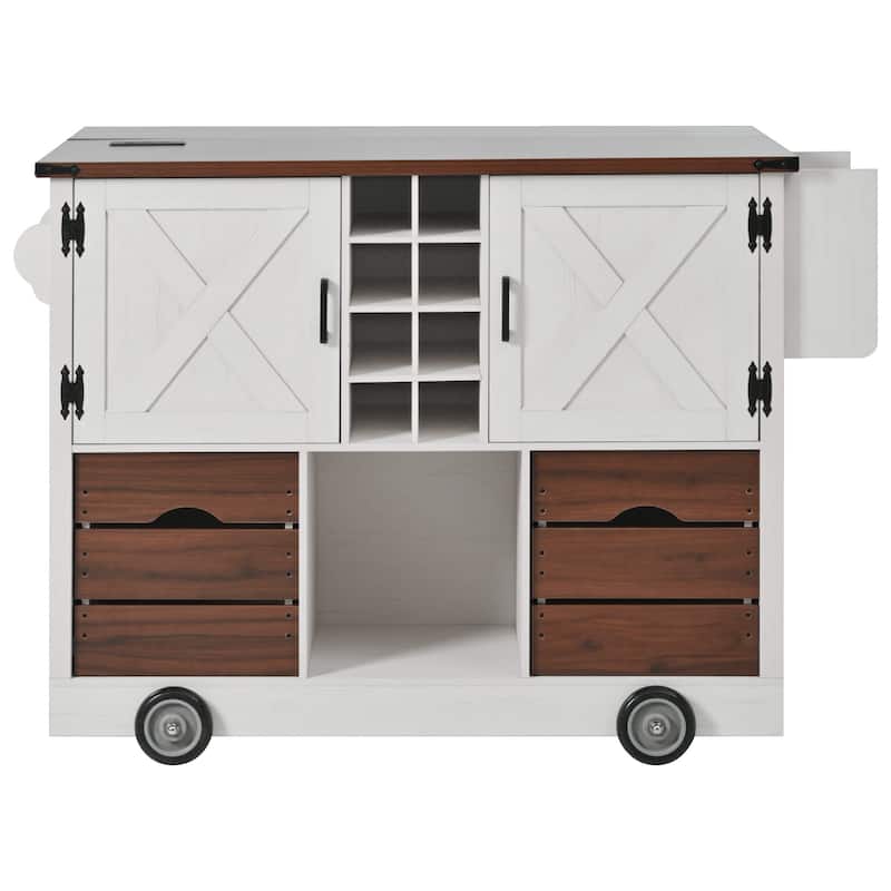 Kitchen Island with Drop Leaf, 2 Doors & 2 Drawers, Rolling Kitchen Island on 4 Wheels, Kitchen Storage Cart with Power Outlet