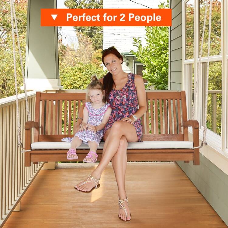 2-Person Hanging Porch Swing Wood Bench with Cushion Curved Back - 54.5" x 24.5" x 23.5"(L x W x H)