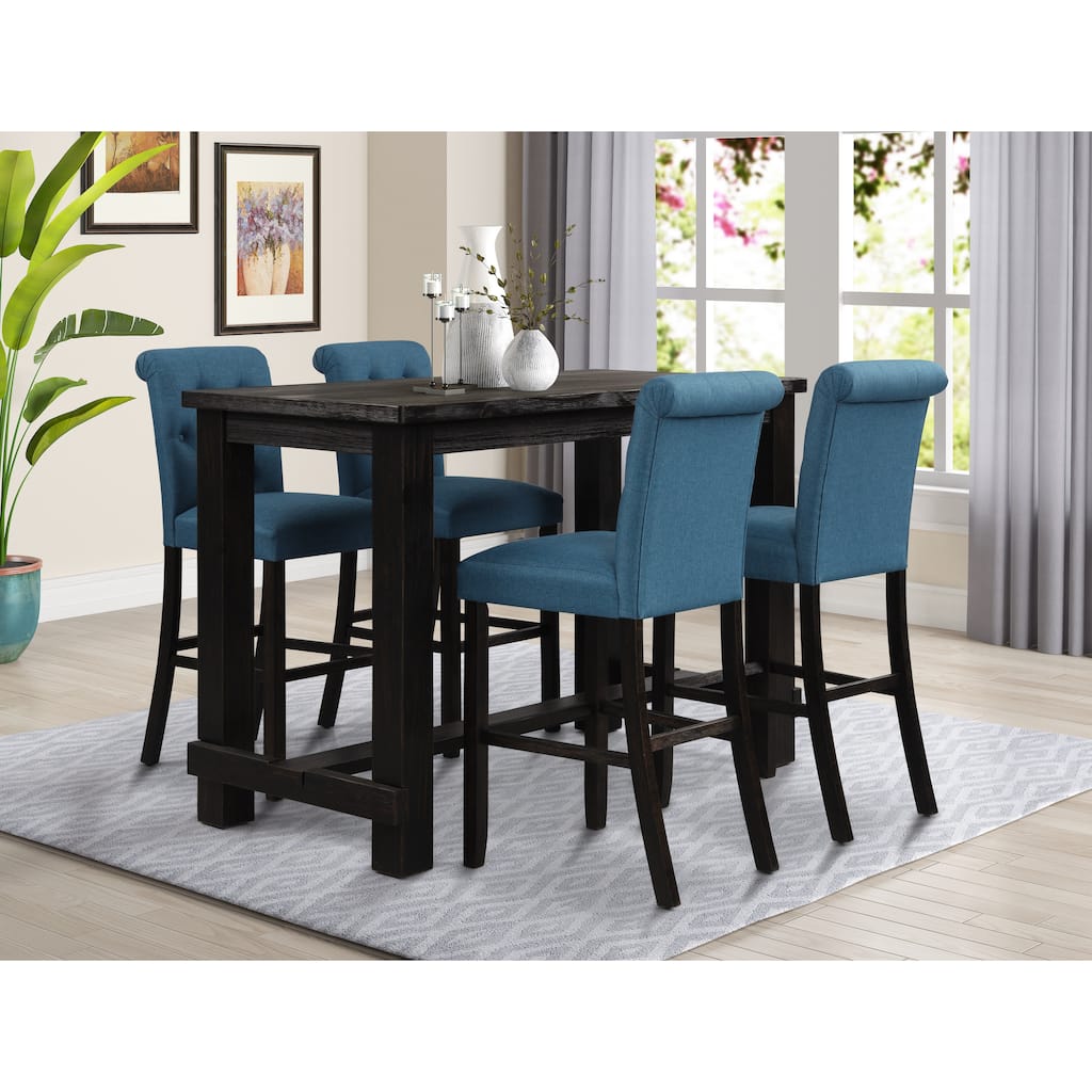 Roundhill Furniture Leviton Antique Black Finished Wood 5-Piece Pub Set, Table with 4 Upholstered Barstools