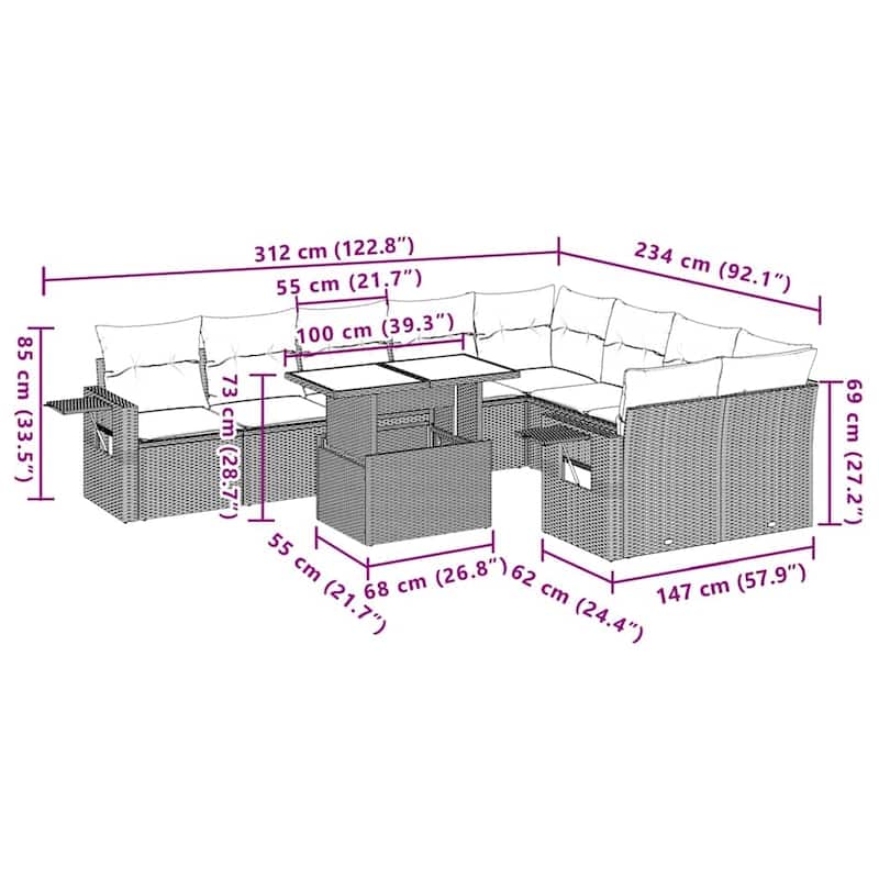 vidaXL Patio Sofa Set with Cushions Outdoor Furniture 10 Piece Poly Rattan - 21.7 x 39.4 x 28.7