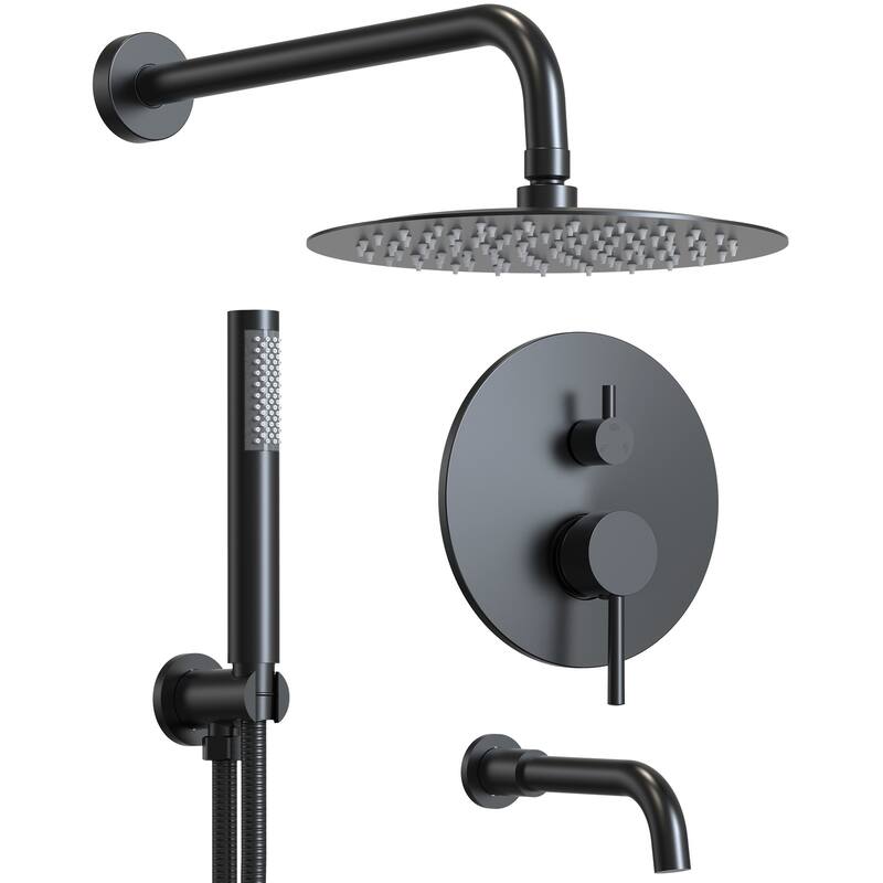 GRANDJOY 3-Function Bathroom Shower System with Rainfall Head, Handheld Unit, and Tub Spout - Matte Black