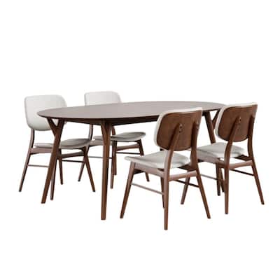 Oval Wooden Dining Set with with Angled Legs in Walnut and Beige