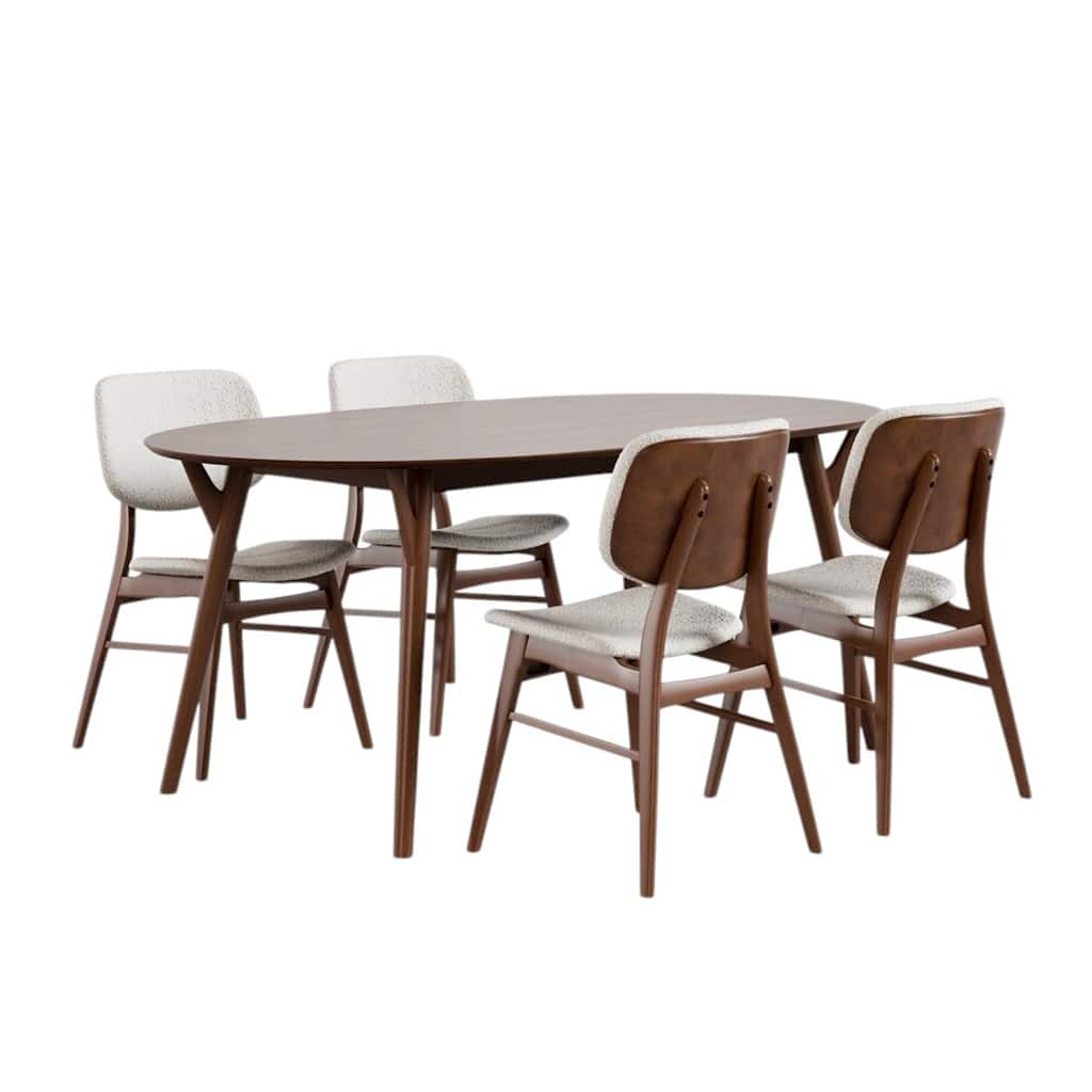 Oval Wooden Dining Set with with Angled Legs in Walnut and Beige