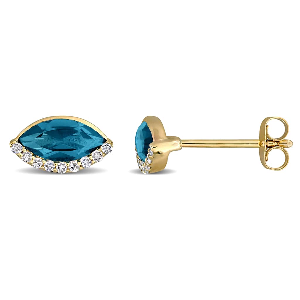 Miadora 1 1/4ct TGW London Blue Topaz and 1/10ct TW Diamond Stud Earrings 14k Yellow Gold