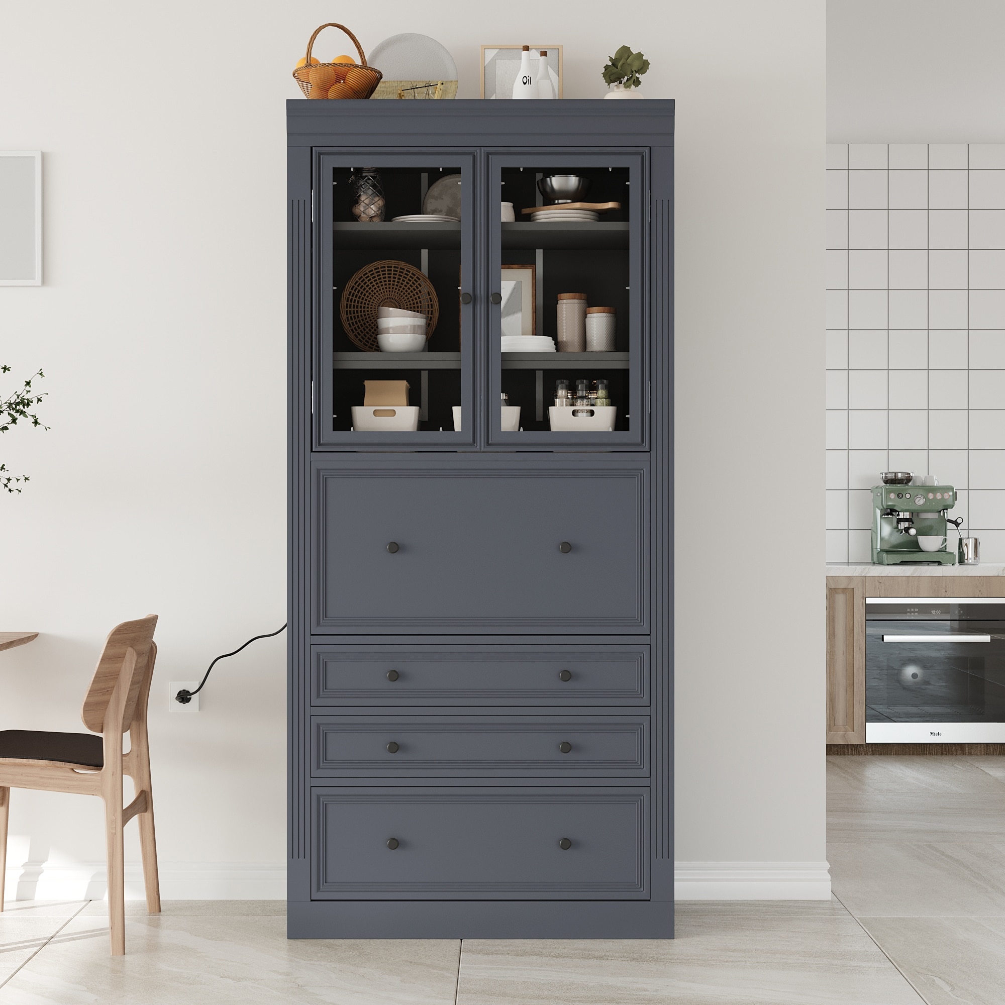 36" x 16.5" x 78" Storage Cabinet – 3 Drawers, Adjustable Shelves & Power Outlet – Perfect for Dining & Living Room.