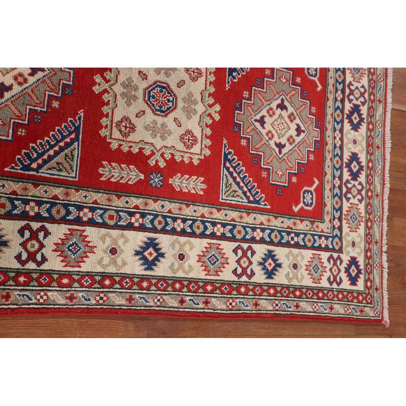 Geometric Red Kazak Accent Rug Handmade Oriental Wool Carpet - 3'3" x 4'10"