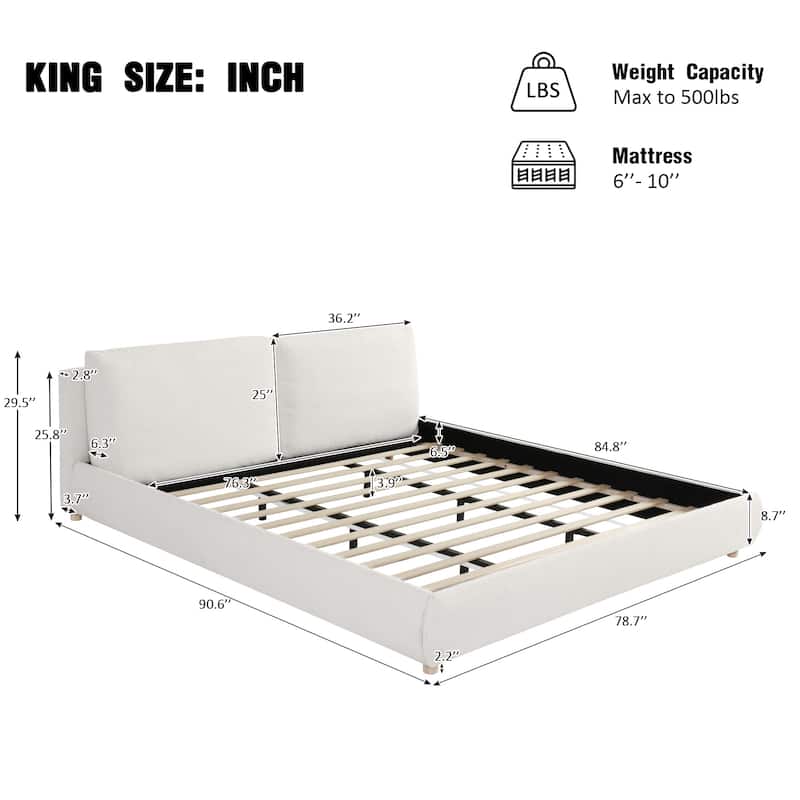 King Size Upholstered Platform Bed with Removable Pillow Headboard, Boucle Fabric, White