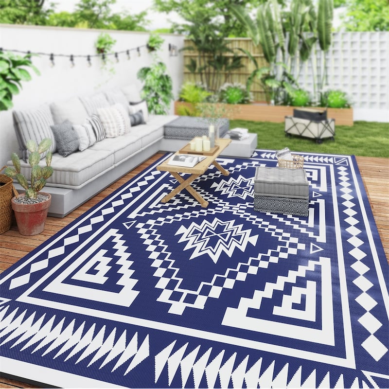 Reversible Outdoor Rug Square Patchwork, UV-Protected Foldable Polypropylene Mat with Carry Bag - : 215.7" L × 107.9" W