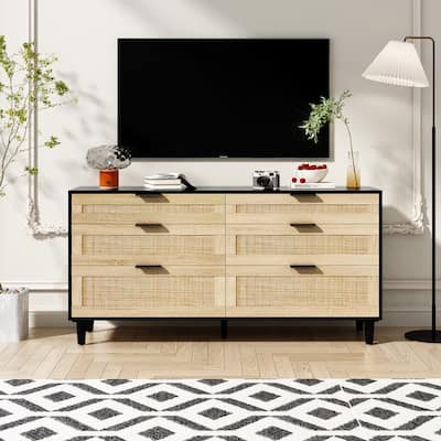 Rattan 6 Drawer Dresser, Clothes Storage Cabinet with Metal Handle and Wood Legs