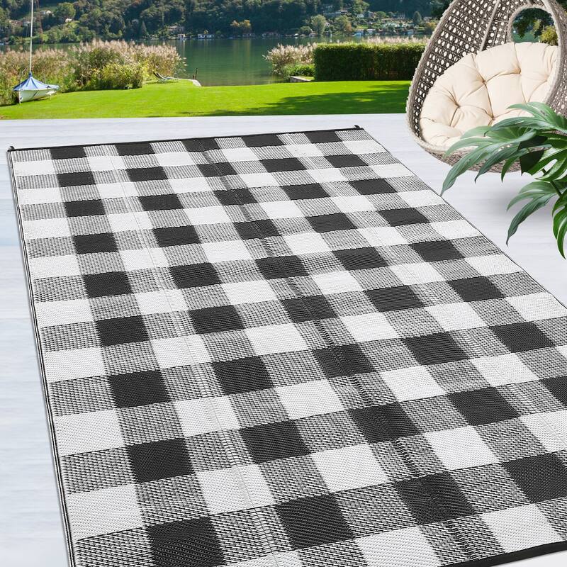 Outdoor Rug Waterproof Reversible Rug Indoor Outdoor Plaid Area Rug Plastic Straw Rug for Camping RV Backyard Patio