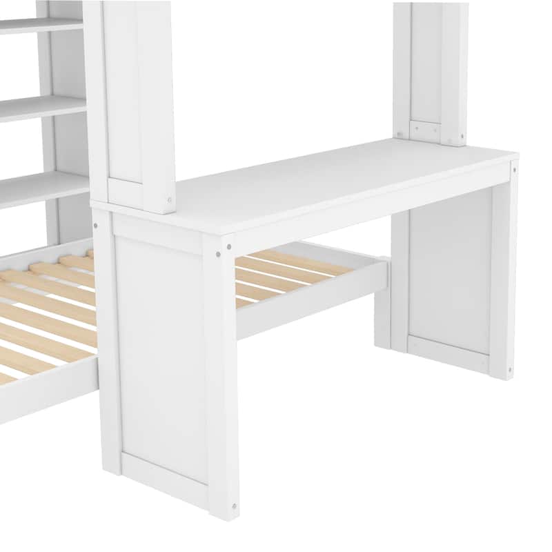 Full Over Twin Bunk Bed with Built-in Desk, Shelves and Wardrobe, Wood Bunk Bed Frame with Platform Bed and Loft Bed