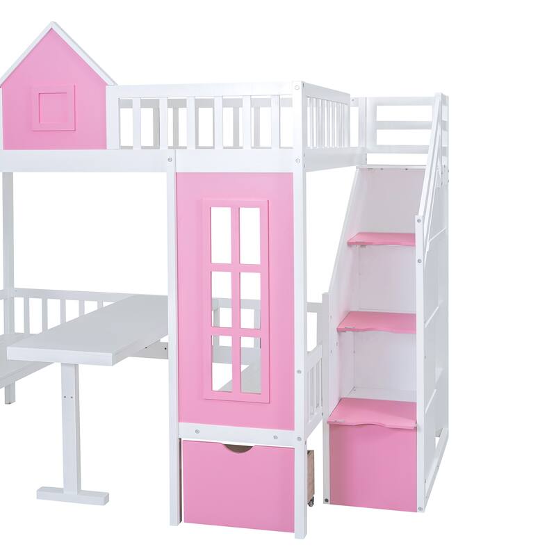 Stairway Bunk Bed w/Changeable Table, Turn into Upper Bed & Down Desk