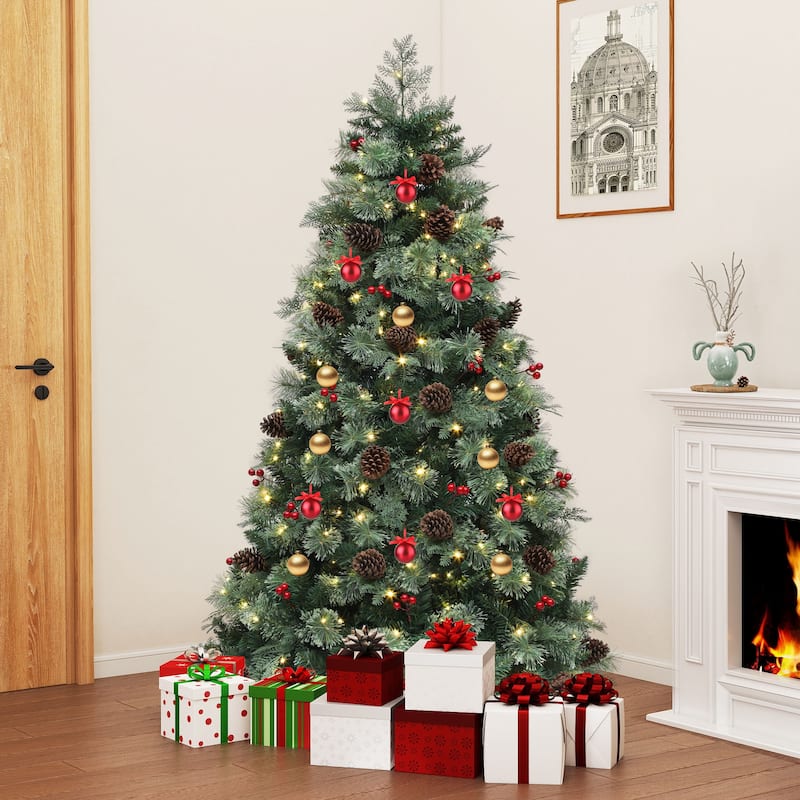 7.5ft Prelit Artificial Carolina Pine Christmas Tree with Remote, Green Artificial Hinged Christmas Tree w/ 1200 Mixed Tips