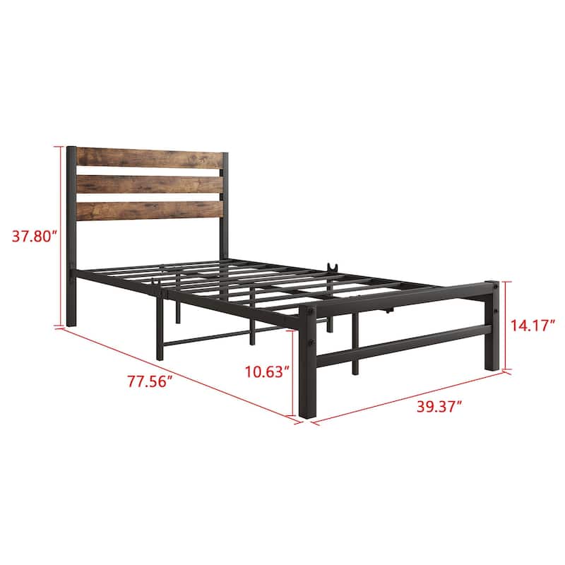Metal Low Profile Platform Bed with Rustic Vintage Wood Headboard