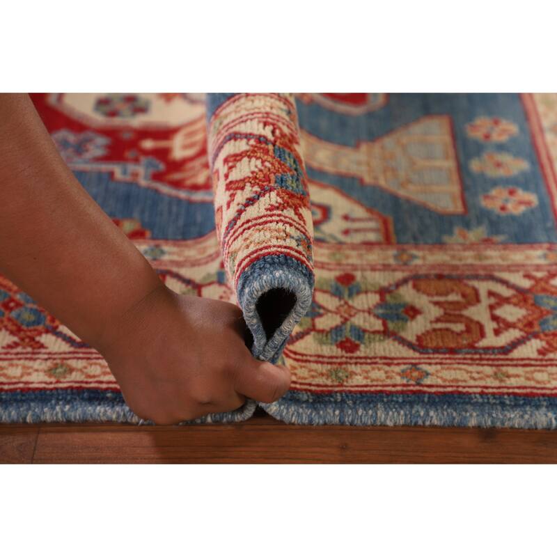 Blue Geometric Kazak Accent Rug Handmade Wool Carpet - 3'2"x 4'8"