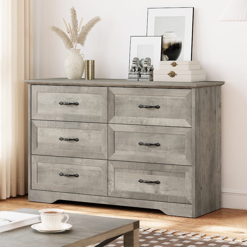 Double Dresser for Bedroom Wood Chest of Drawers - Grey
