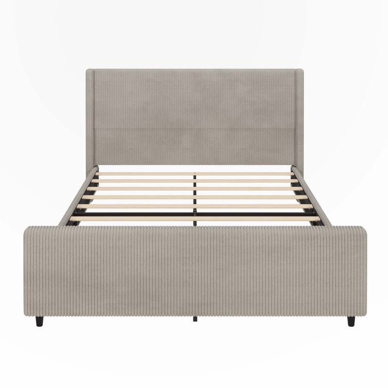 Corduroy Upholstered Bed Frame with Vertical Stripe Wingback and High Footboard