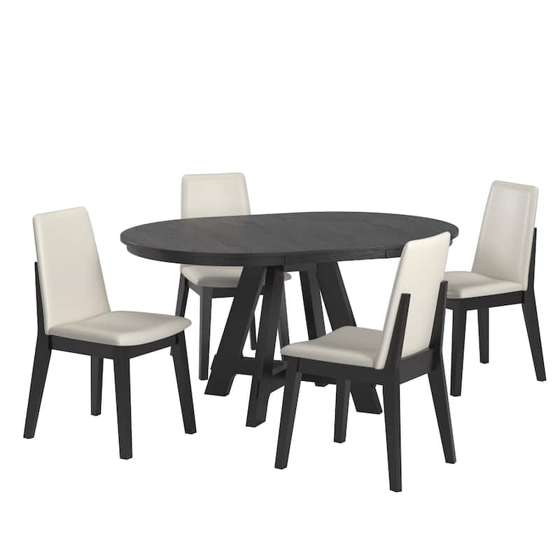 Harstad 42"-60" Extendable Round Dining Set with Vegan Leather Upholstered Chairs by iNSPIRE Q Modern - Black Oak