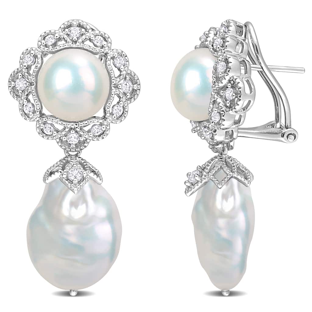 Miadora White Cultured Freshwater Pearl 7/8ct TGW White Topaz Pearl Earrings Sterling Silver