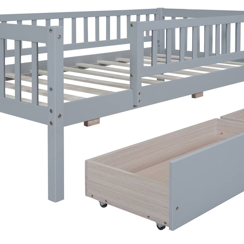 Twin Size Daybed Wood Bed Wood Platform Bed Frame No Box Spring Needed, 2 Extendable Wood Drawers with Trundle for Boys Girls