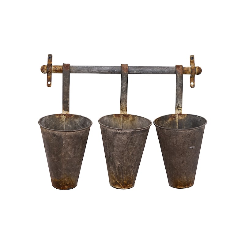Antiqued Metal Wall Rack with 3 Hanging Tin Pots - Grey