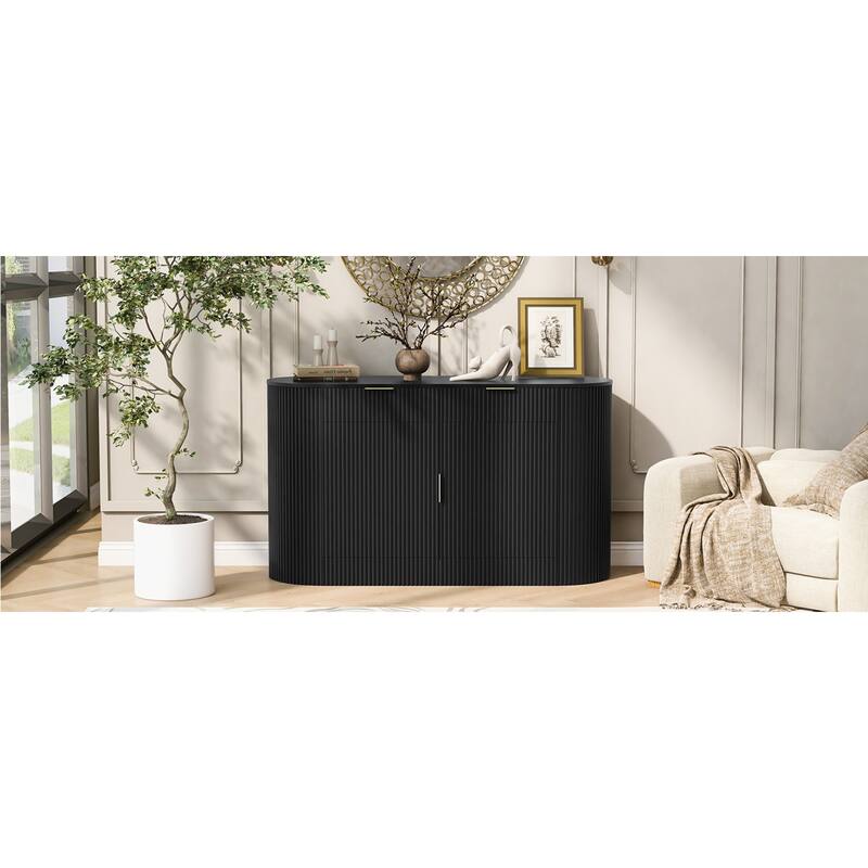 Roomfitters 55.1" Oval Sideboard Buffet Cabinet with 2 Drawers & Wine Rack, Mid-century Modern Fluted Accent for Dining