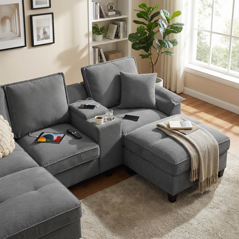 Homy Casa 120" U-Shaped Modular Corduroy Sectional Sofa Bed w/ Storage, Cup Holders & USB, 4-Seat (Beige/Green/Gray/Black)