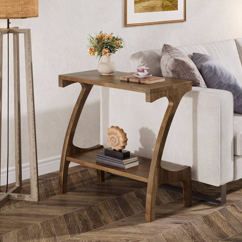 Solid Wood End Table Side Table with 2-Tier Storage