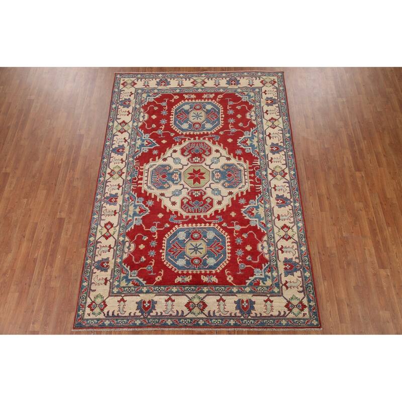 Hand Knotted Oriental 100% Wool Carpet Traditional Geometric Red Kazak Area Rug - 9' 7'' X 6' 7''