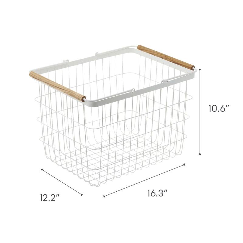 Yamazaki Home Wire Basket - Two Sizes, Steel and Wood, Medium, 6 gallons, 23 liters, Holds 6.6 lbs - Medium