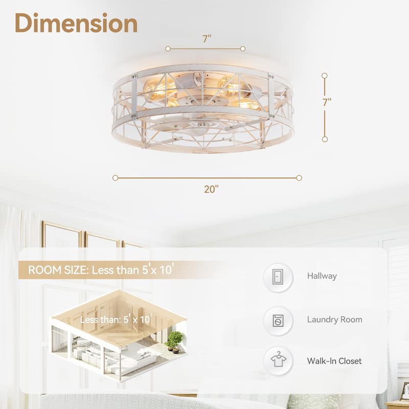 20" 7-Blade Flush Mount Caged Ceiling Fan with Light Remote