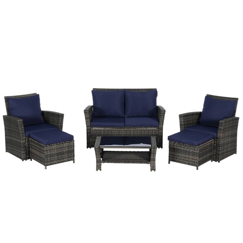 6 PCS Wicker Patio Furniture Sets with Ottoman & Tempered Glass Table - N/A