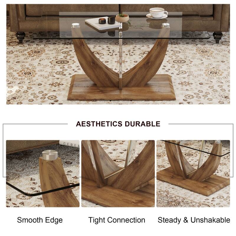 43.3" Length Transparent Tempered Glass Coffee Table with Wooden Legs