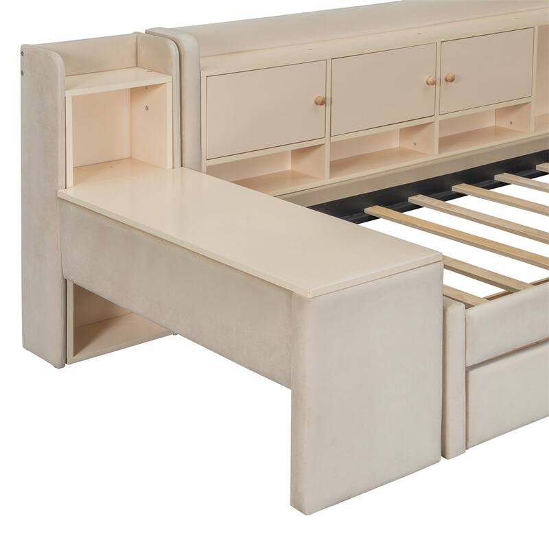 Twin Size Upholstered Daybed with Drawers,Flip Cabinets & Side Table