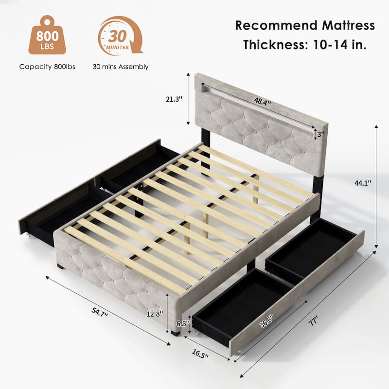 Upholstered Platform Bed, Velvet Fabric Storage Bed Frame with 4 Drawers and LED Headboard, No Box Spring Needed