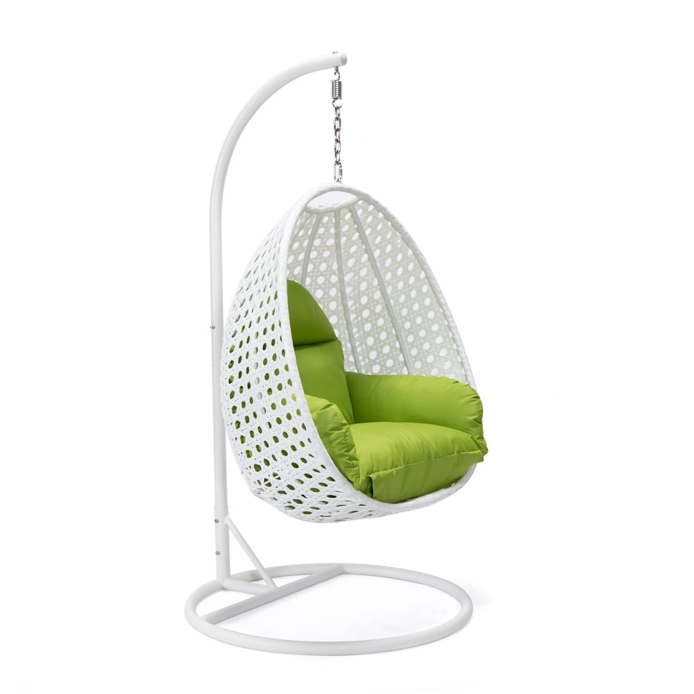 Patio Hanging Egg Swing Chair with White Wicker Shell and Iron Frame for Indoor Outdoor Patio Porch Garden Backyard