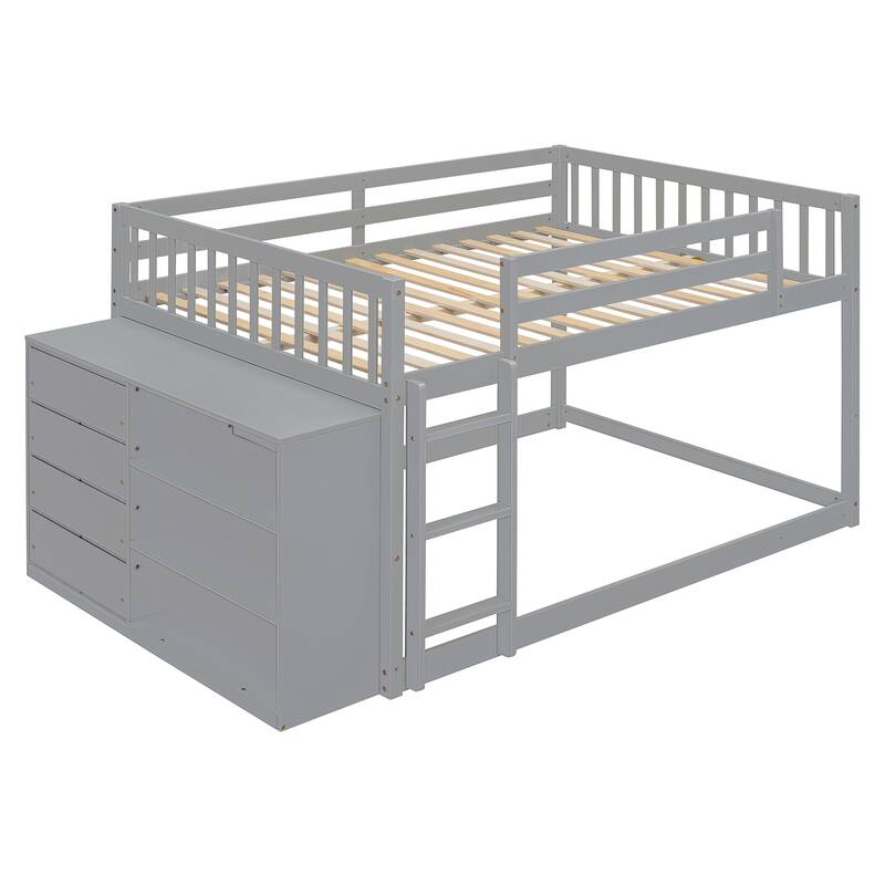 Full Over Full Bunk Bed with 4 Drawers and 3 Shelves in Solid Pine