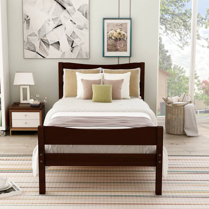Elegant Twin Wood Platform Bed Frame with Headboard and Wooden Slats for Durable Support