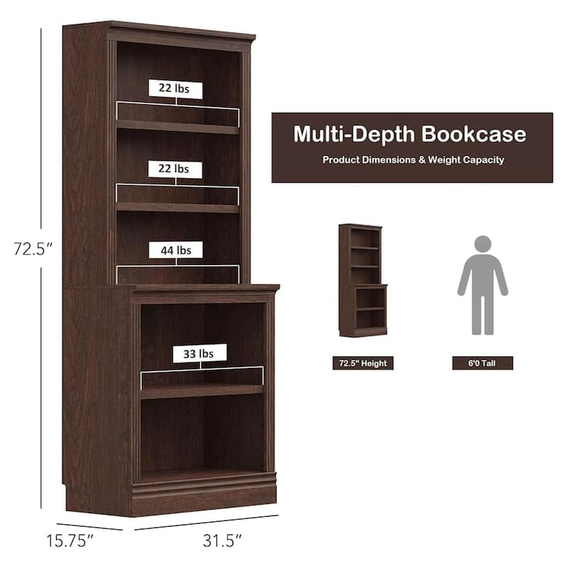 VAUXHILL & CO. Halston Multi-Depth Bookcase, Adjustable Shelving Unit, Cherry - 72.75
