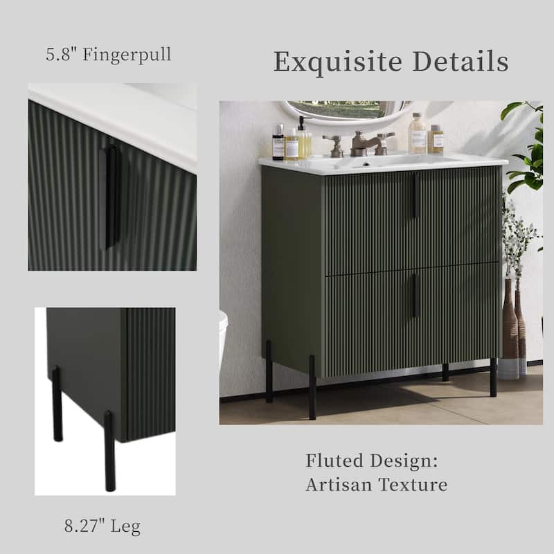 30" Bathroom Vanity with Ceramic Sink, Full-Extension Drawers, Soft-Close Undermount Slides and Fluted Design