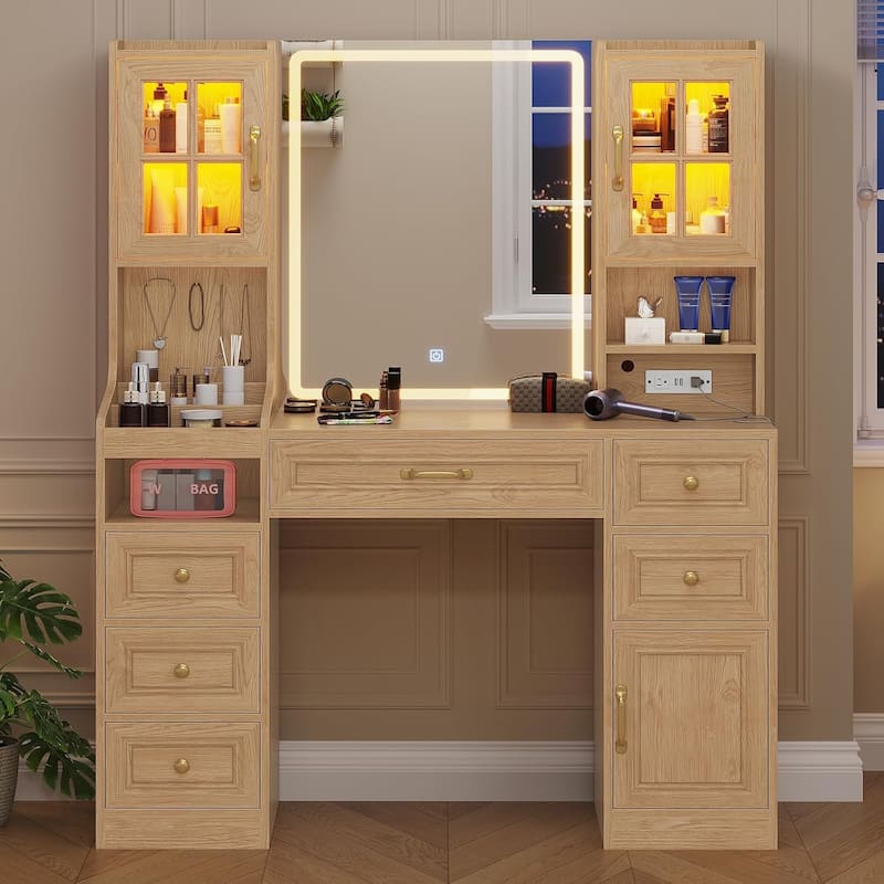 Vanity Desk Touch Screen Mirror Cabinets 6 Drawers 5 Jewelry Hooks