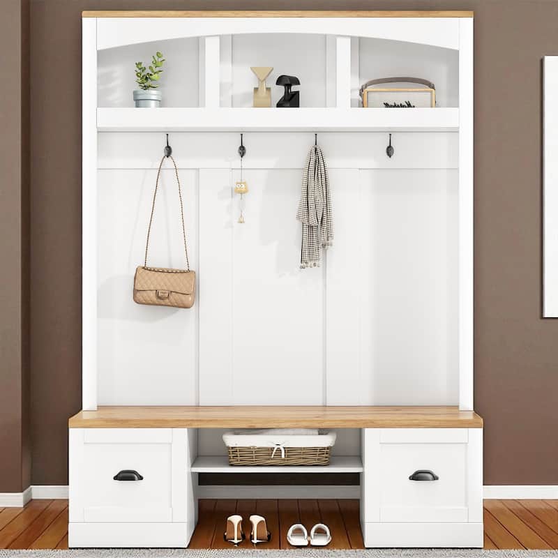 55.1 in Wide Farmhouse Hall Tree, Wood Grain Bench & Top, 4-in-1 Entryway Coat Rack with Adjustable Shelves - White