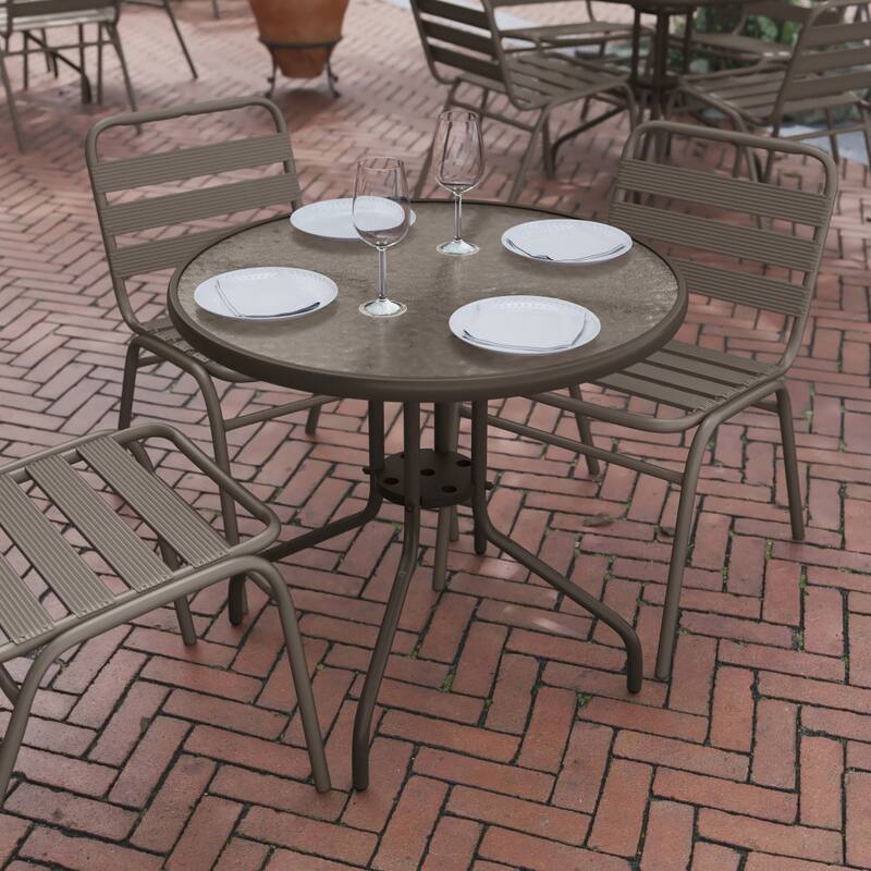31.5" Round Tempered Glass Metal Table with Smooth Ripple Design Top